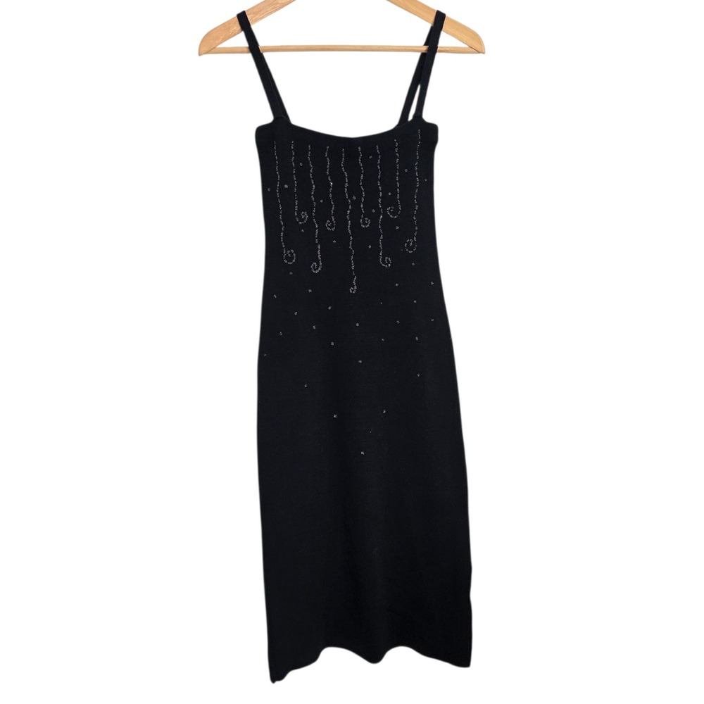 Vintage Le Chateau Black Knitted Bodycon Tube Dress Beaded Knee Length